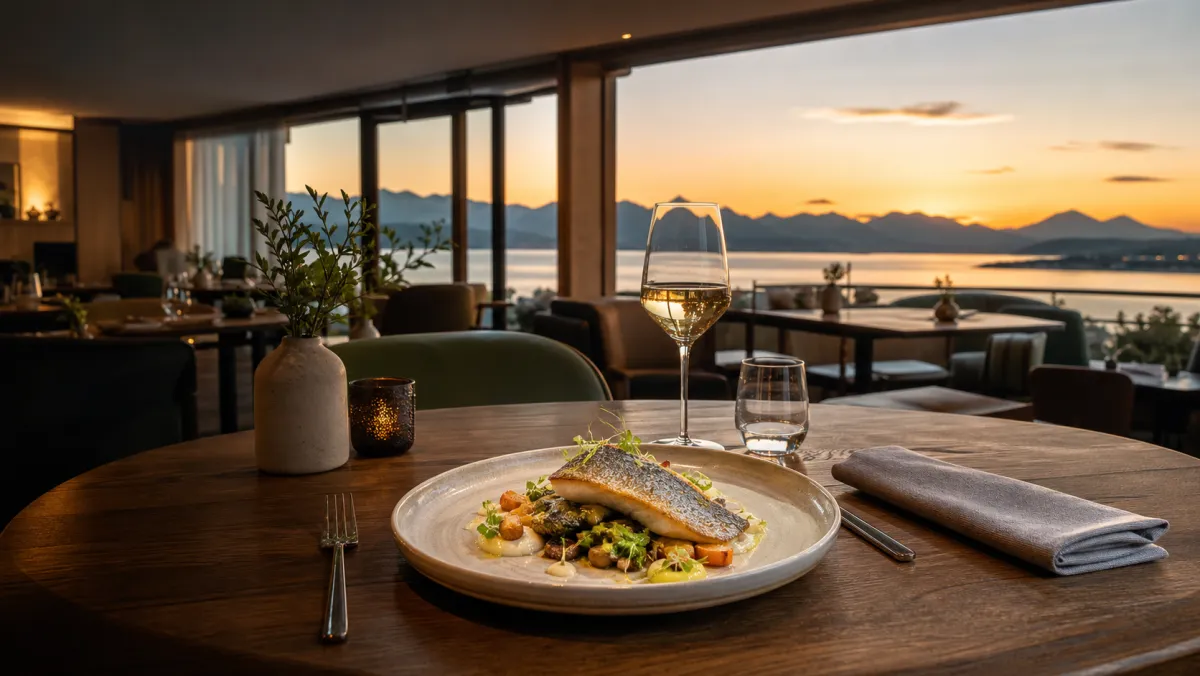 Table dressée face au Léman dans le restaurant fictif La Barque Verte